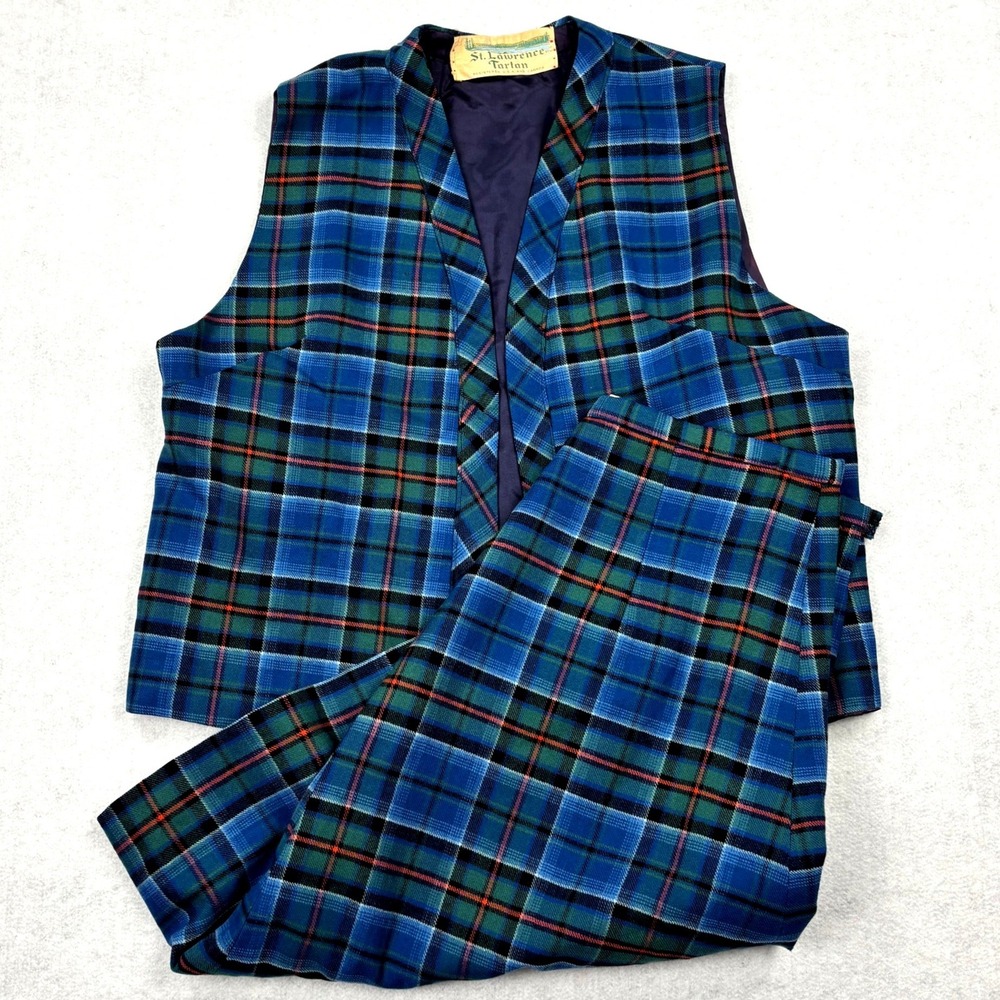 Vintage St Lawrence Tartan Suit Set Womens M Blue Wool Vest Pleated Skirt READ